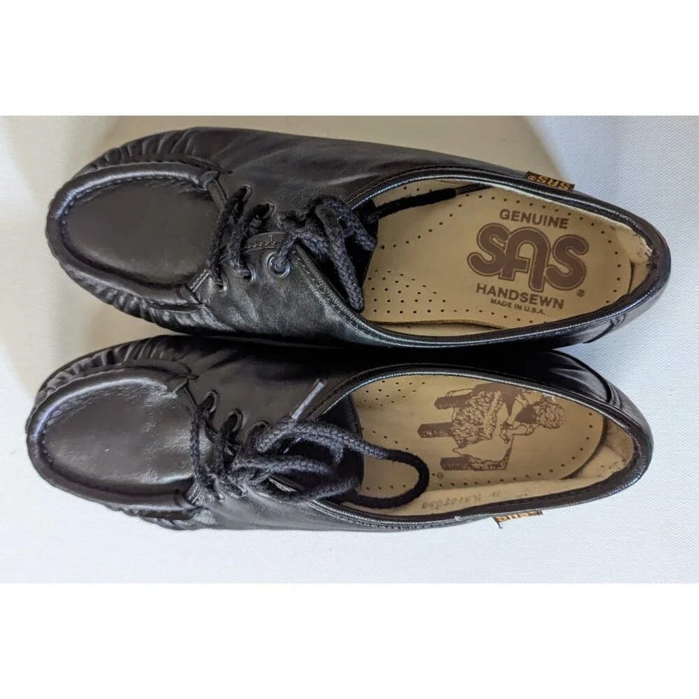 SAS Siesta Women 7N Black Leather Handsewn Oxfords Moc Toe Lace Up Shoes